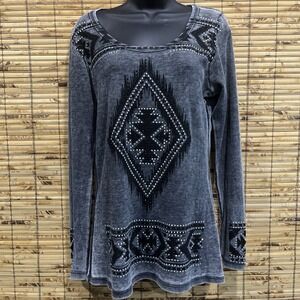 Vocal Womens Embellished Thermal Top XL Gray Mineral Rhinestone Y2K Biker Grunge